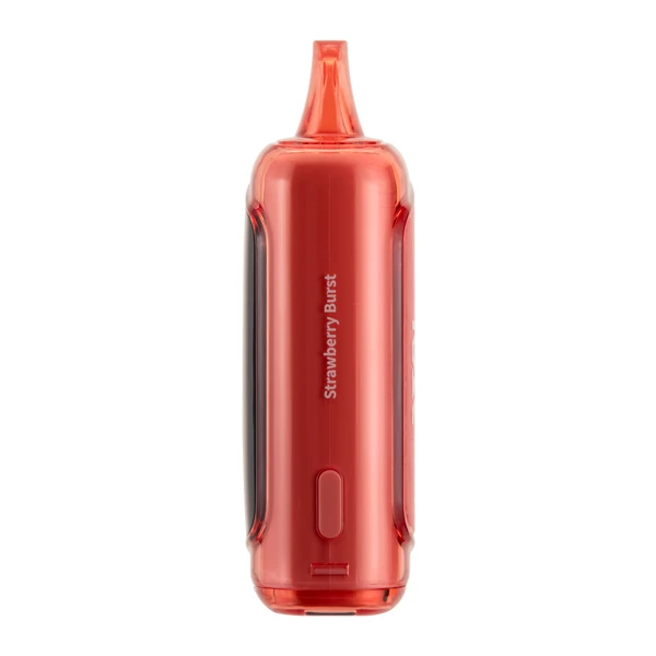 Smiling user holding a blue razz ice vape device, with a lifestyle setting behind them